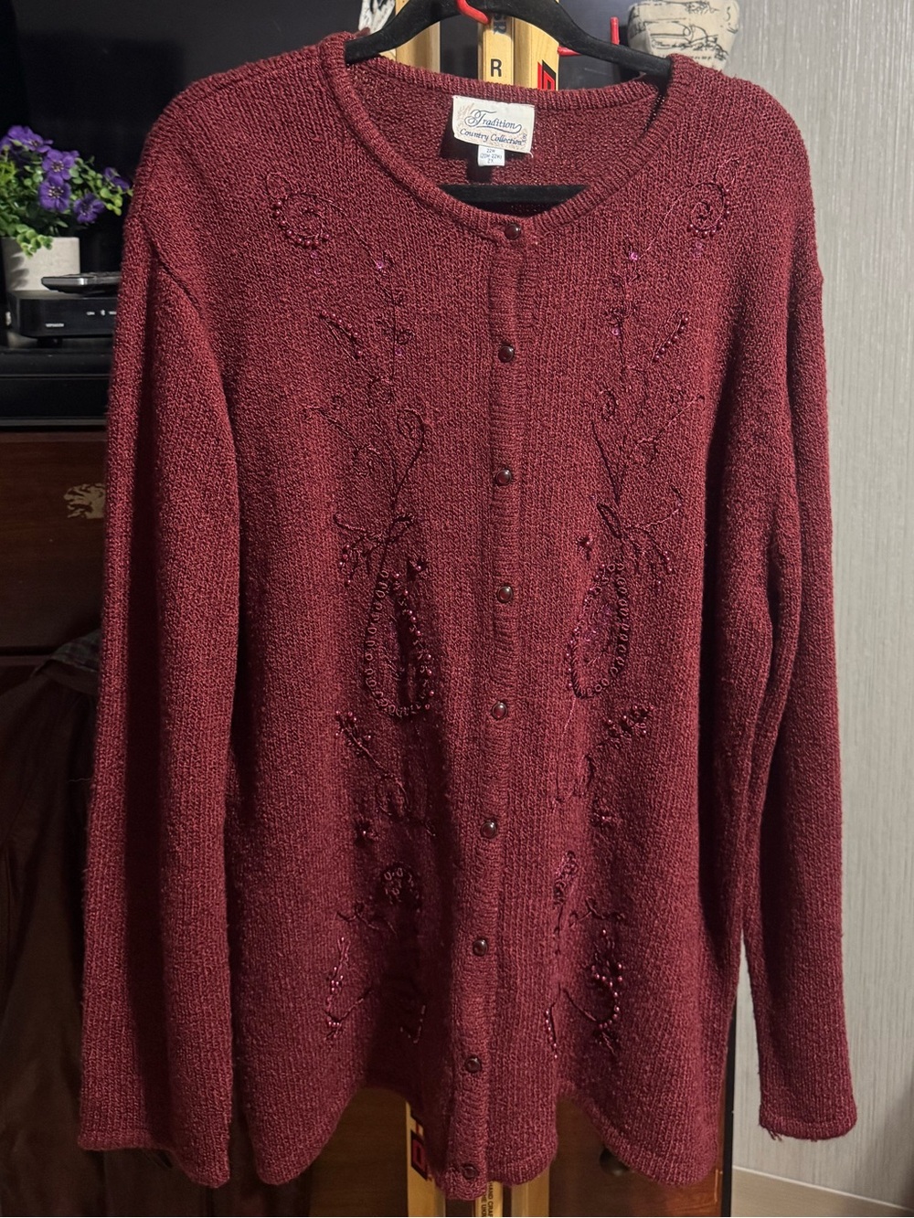 Tradition Country Collection Burgundy Beaded Cardigan Sweater Size 22W-2X-28"